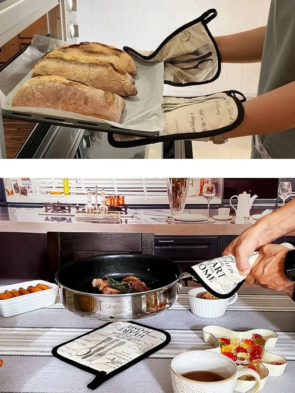 Grevy 1 pair of oven mitts, 2 pot holders and 2 cotton terry tea towels 6 pieces